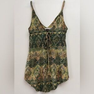 Zara Olive & Tan Asymmetrical Printed Tie-Front V-Neck Cami Top